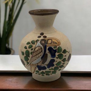 Vintage Mexican Folk Art Pottery Tonala Toucan Bird Floral Vase